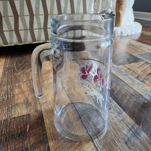 Vtg MCM Covetro Italian Pink Floral Pitcher &Glass Highball Drink Set Gold Trim - Picture 5 of 11